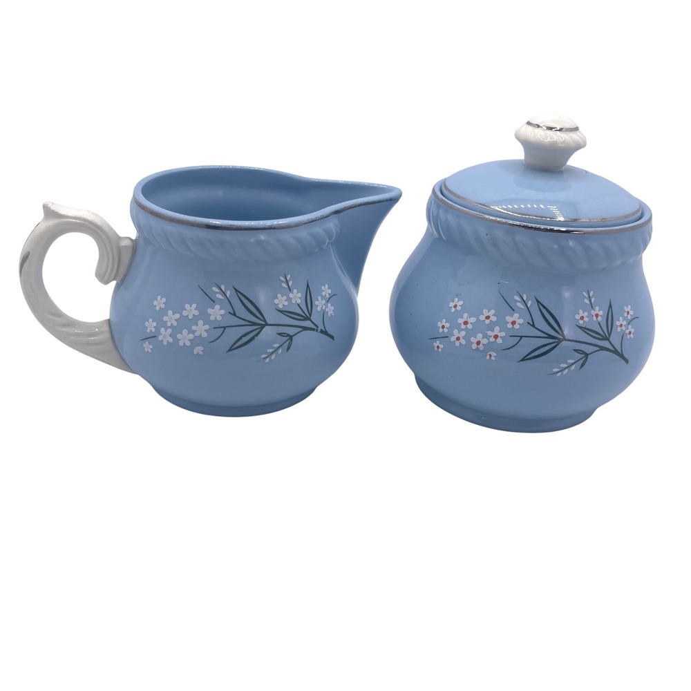 Vintage Kraft Blue Home & Garden Sugar Bowl‎ Creamer Set Floral Daisy Made USA